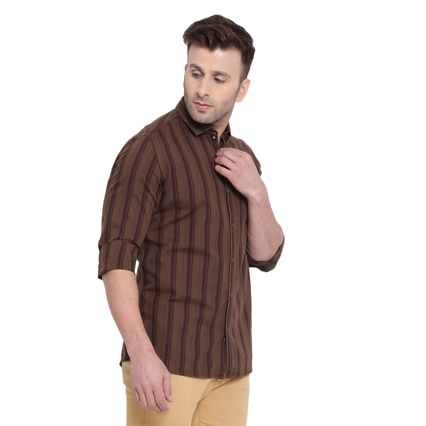 Turtle Men Brown Cotton Striped Slim Fit Shirts
