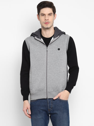 Solid Grey Sleeveless Hooded Sweatshirt for Men