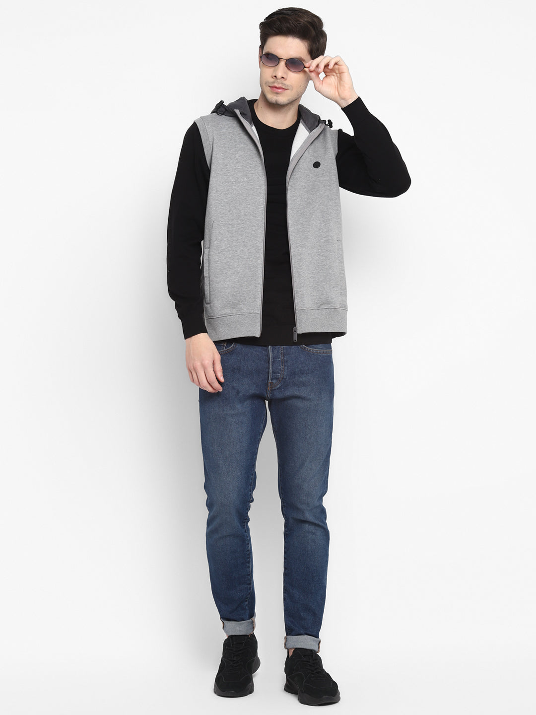 Solid Grey Sleeveless Hooded Sweatshirt for Men