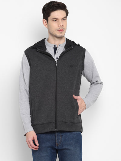 Solid Dark Grey Sleeveless Hooded Sweatshirt for Men
