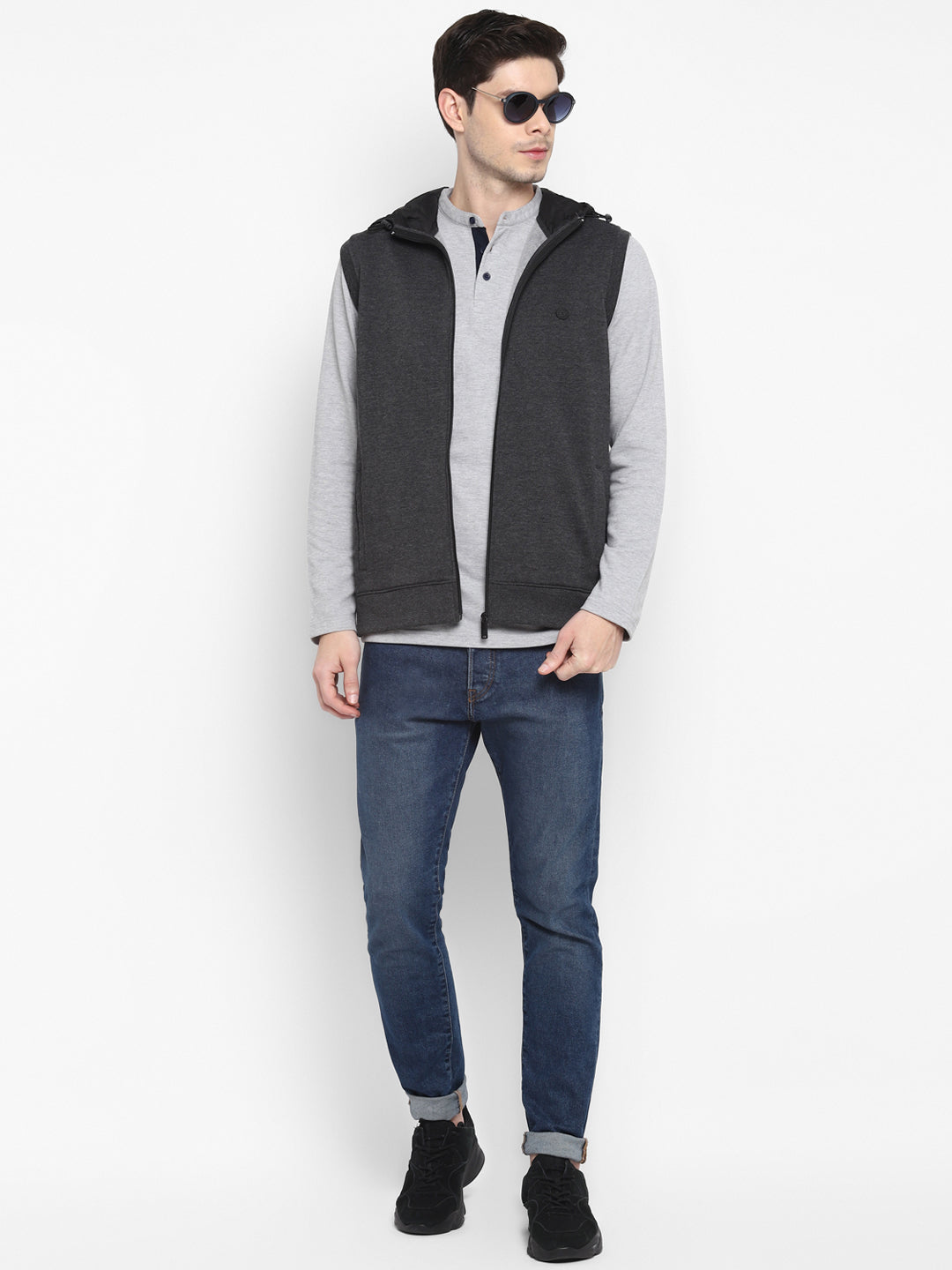 Solid Grey High Neck Sleeveless Sweater for Men