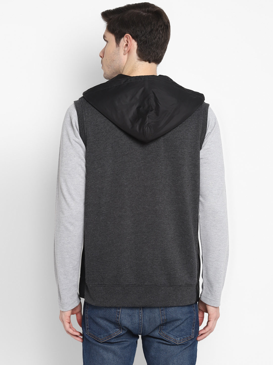 Solid Dark Grey Sleeveless Hooded Sweatshirt for Men