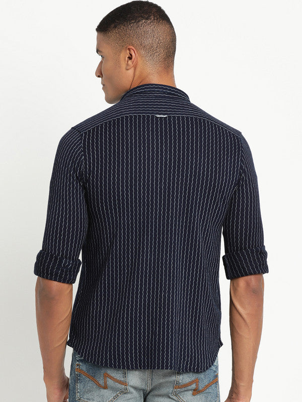 Knitted Navy Striped Ultra Slim Fit Casual Shirt