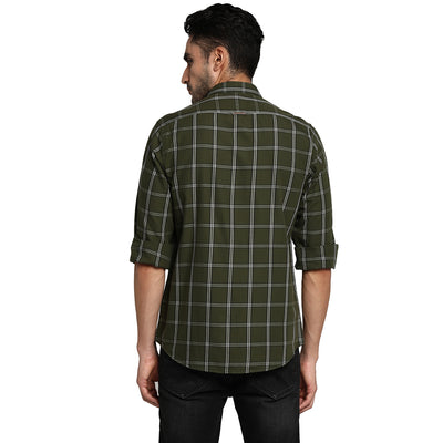 Cotton Olive Slim Fit Checked Shirt