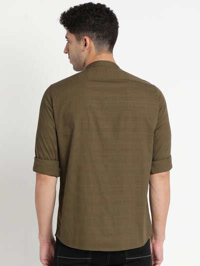 Olive Cotton Self Design Slim Fit Casual Shirts