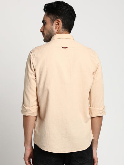 Cotton Linen Beige Slim Fit Solid Casual Shirt