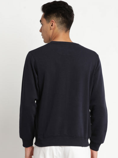 Navy Blue Printed Round Neck Polyester Cotton Sweatshirt