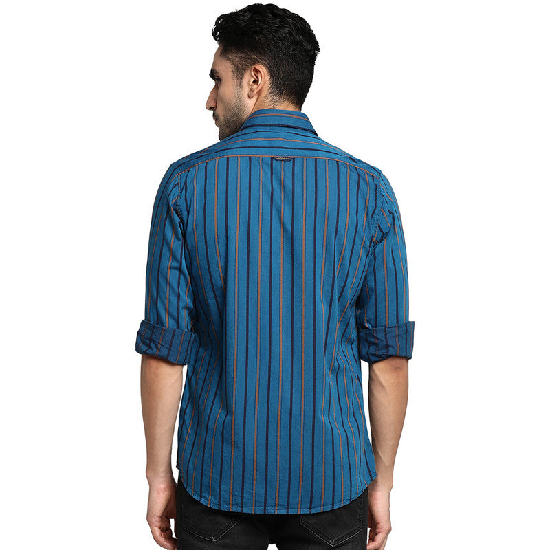 Cotton Navy Blue Slim Fit Striped Casual Shirt