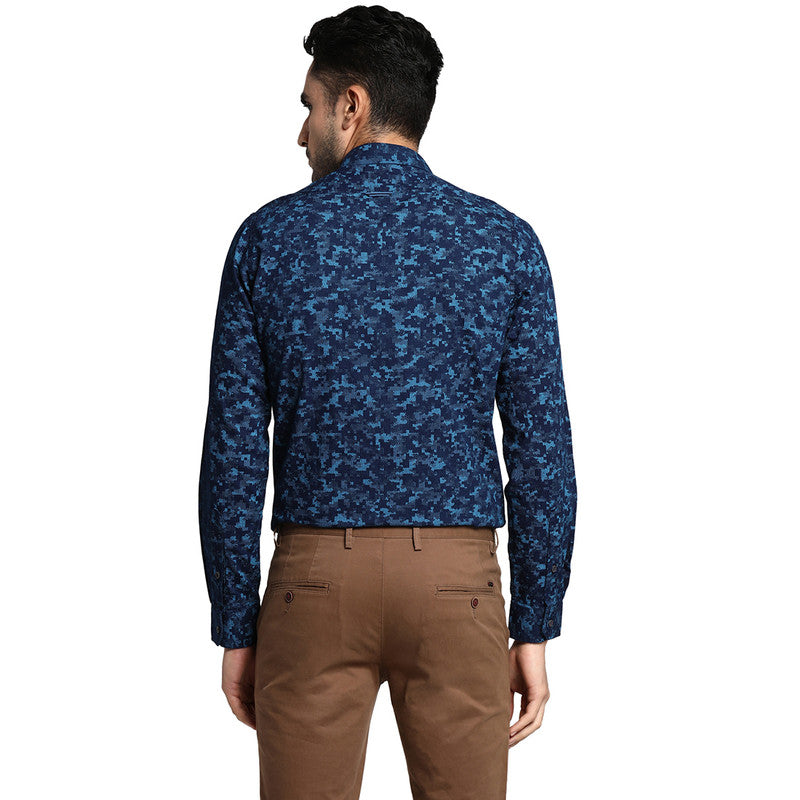 Cotton Navy Blue Slim Fit Printed Casual Shirt