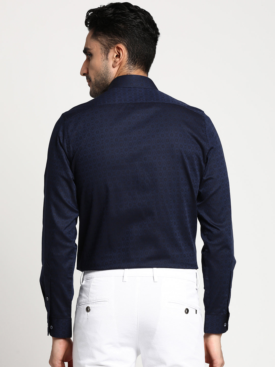 Cotton Navy Blue Slim Fit Self Design Formal Shirt