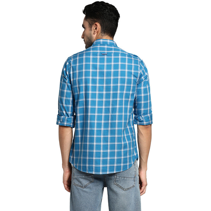 Cotton Blue Slim Fit Checked Casual Shirts