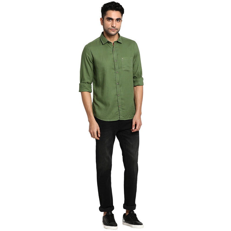 Turtle Men Cotton Olive Slim Fit Solid Casual Shirts
