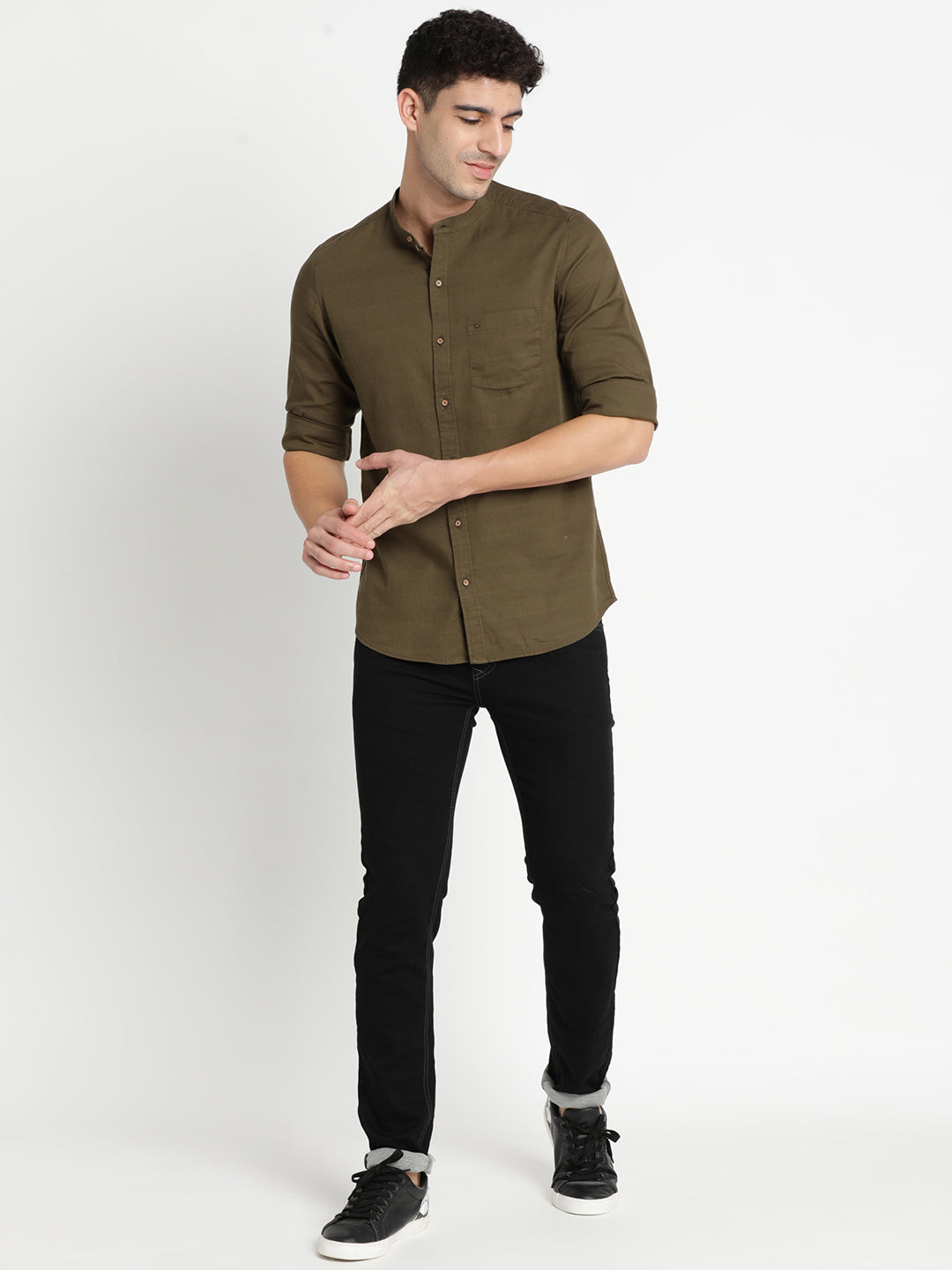 Olive Cotton Self Design Slim Fit Casual Shirts