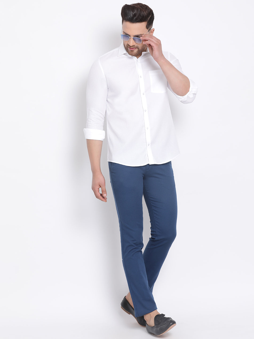 White Cotton Self Design Slim Fit Shirt