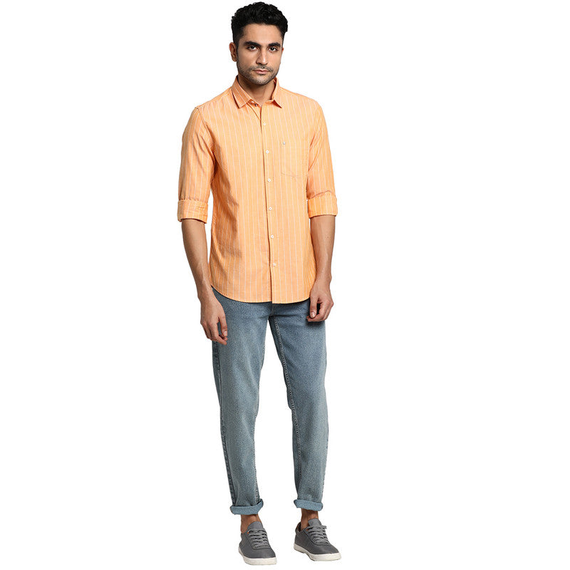 Cotton Orange Slim Fit Striped Casual Shirt