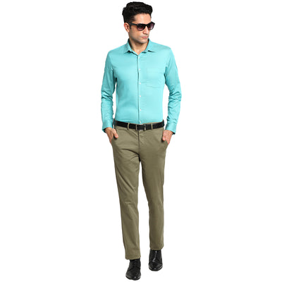 Turquoise Cotton Self Design Slim Fit Shirt