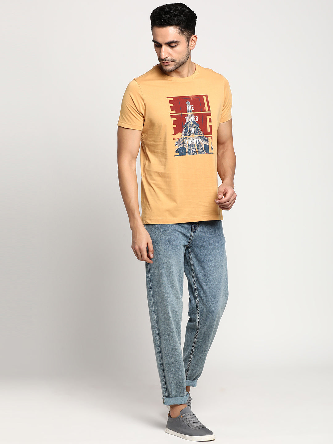 Essentials Khaki Chest Printed Round Neck T-Shirt