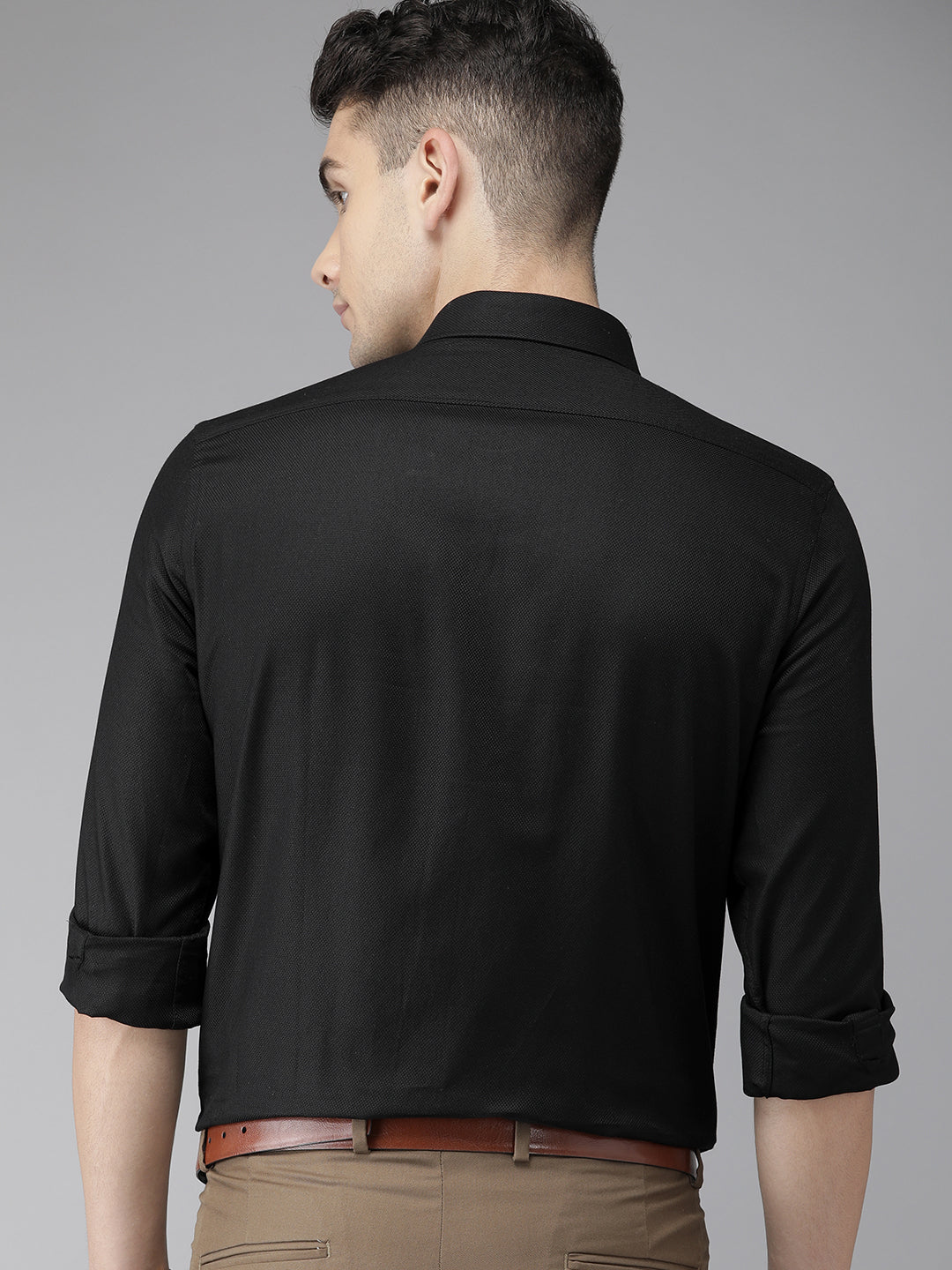 Black Cotton Self Design Slim Fit Shirts