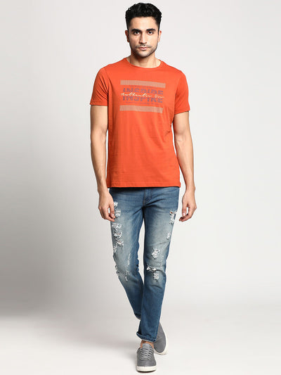 Essentials Orange Chest Printed Round Neck T-Shirt