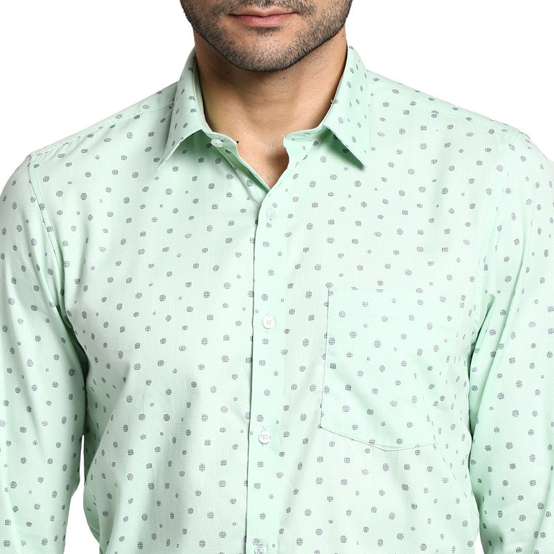 Cotton Sea Green Slim Fit Printed Formal Shirt