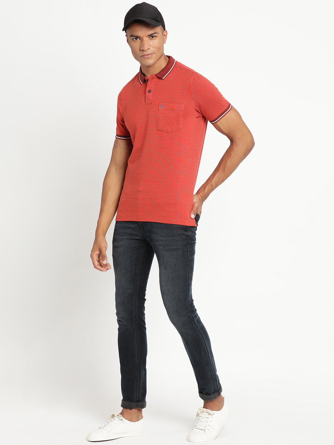 Red Self Design Polo Neck T-Shirt