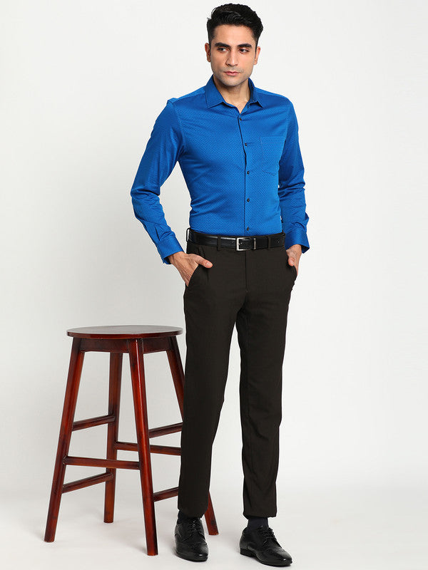 Blue Cotton Self Design Regular Fit Shirt