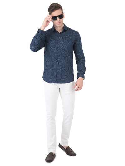 Navy Blue Cotton Printed Slim Fit Shirt