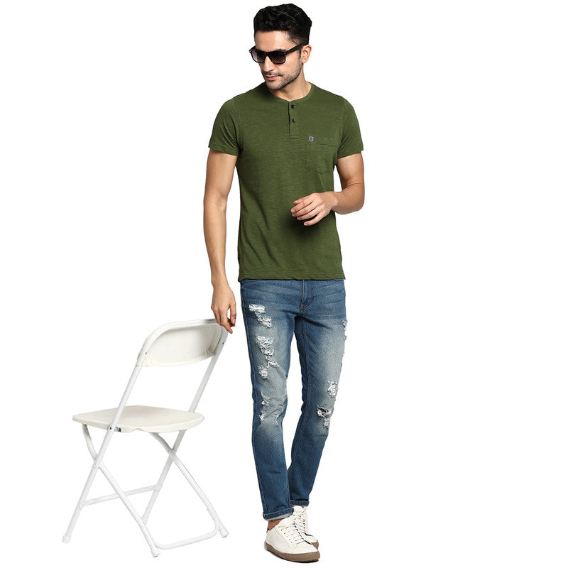 Essentials Olive-Navy Solid Henley Neck T-Shirt (Pack of 2)