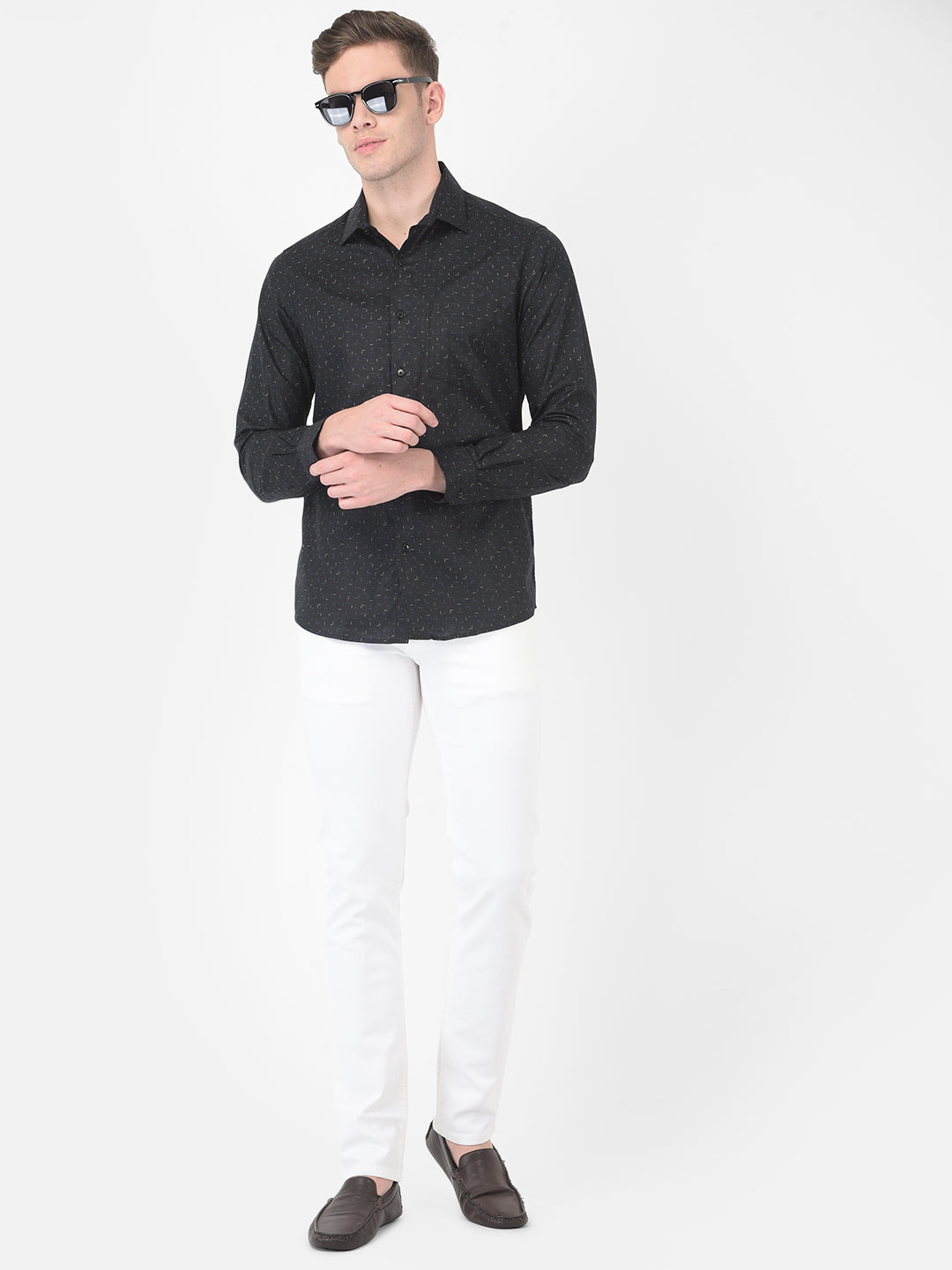 Cotton Linen Black Regular Fit Printed Shirt