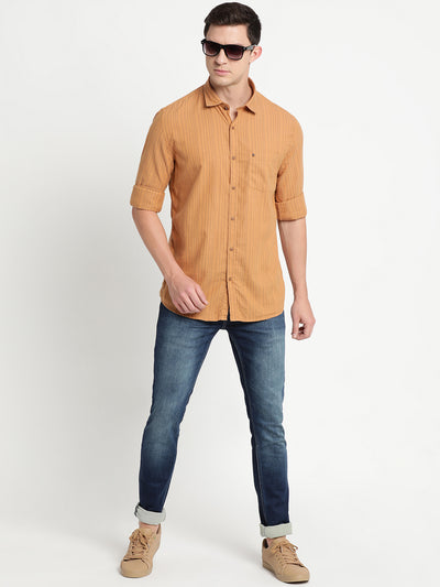 Khaki Cotton Striped Slim Fit Shirt