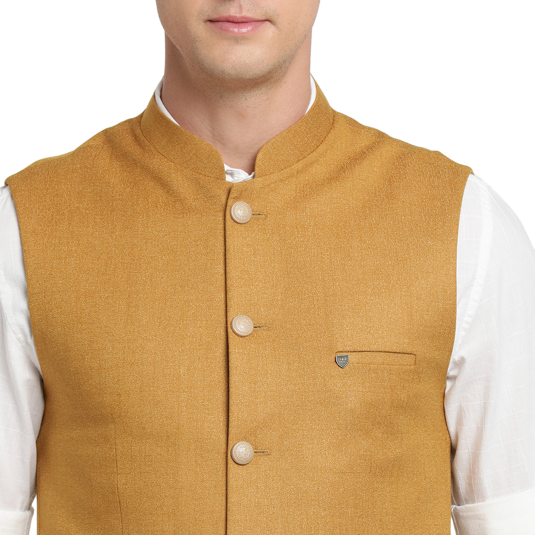 Turtle Men Mustard Self Design Nehru Jacket