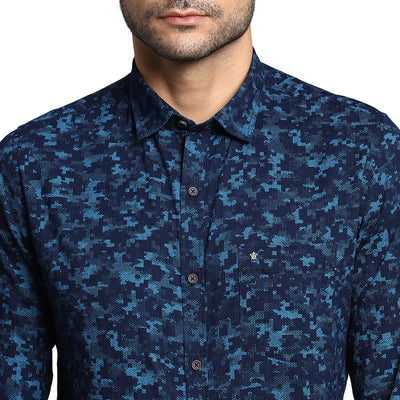 Cotton Navy Blue Slim Fit Printed Casual Shirt