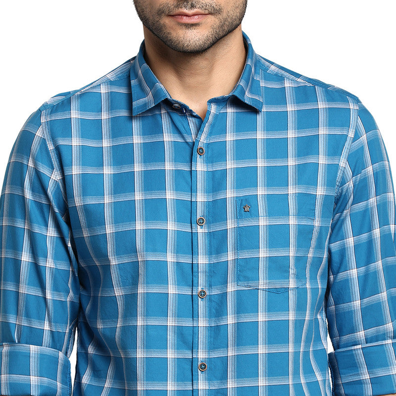 Cotton Blue Slim Fit Checked Casual Shirts
