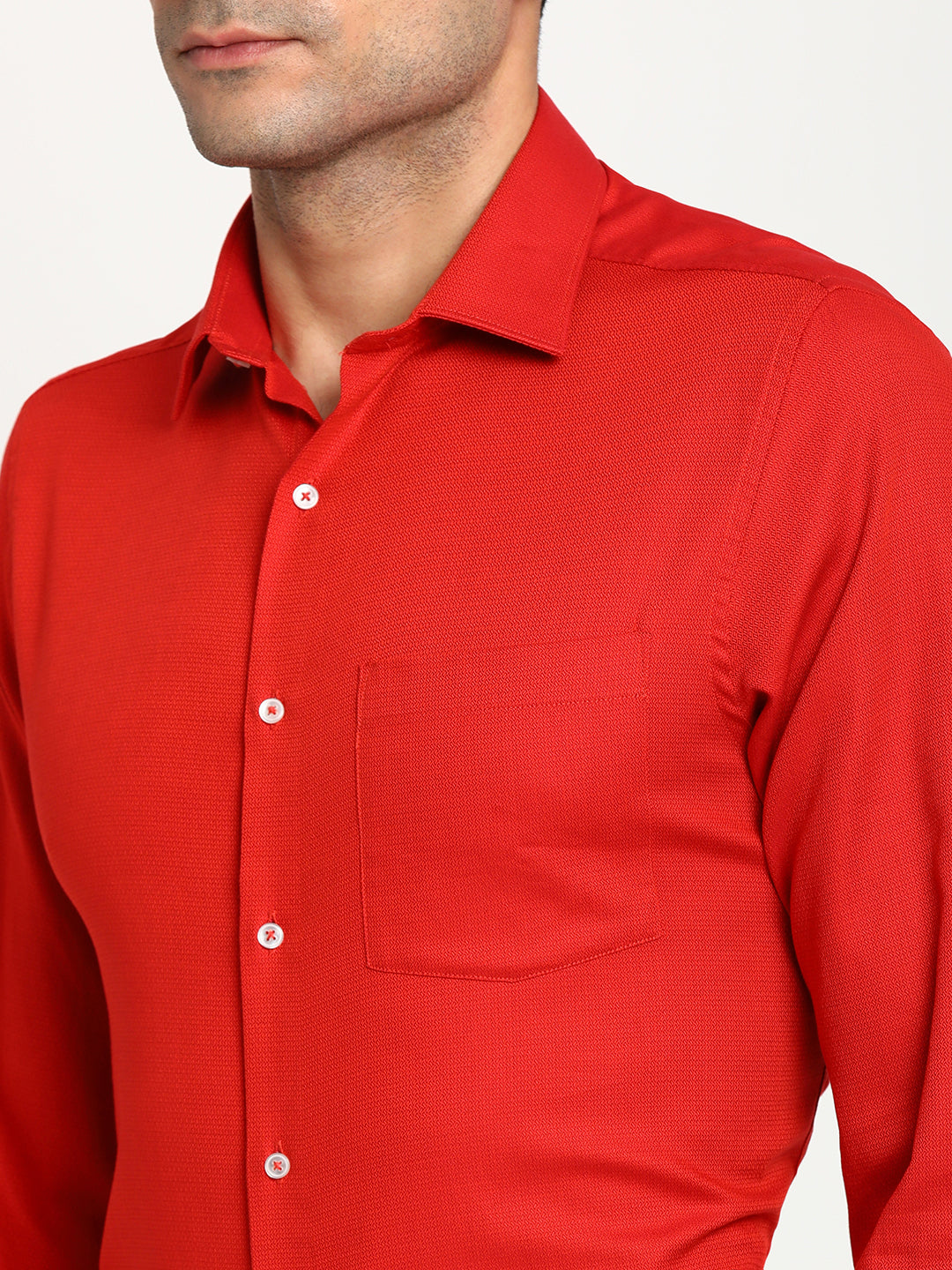 Red Cotton Self Design Slim Fit Shirt