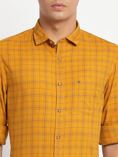 Cotton Yellow Checked Slim Fit Casual Shirt