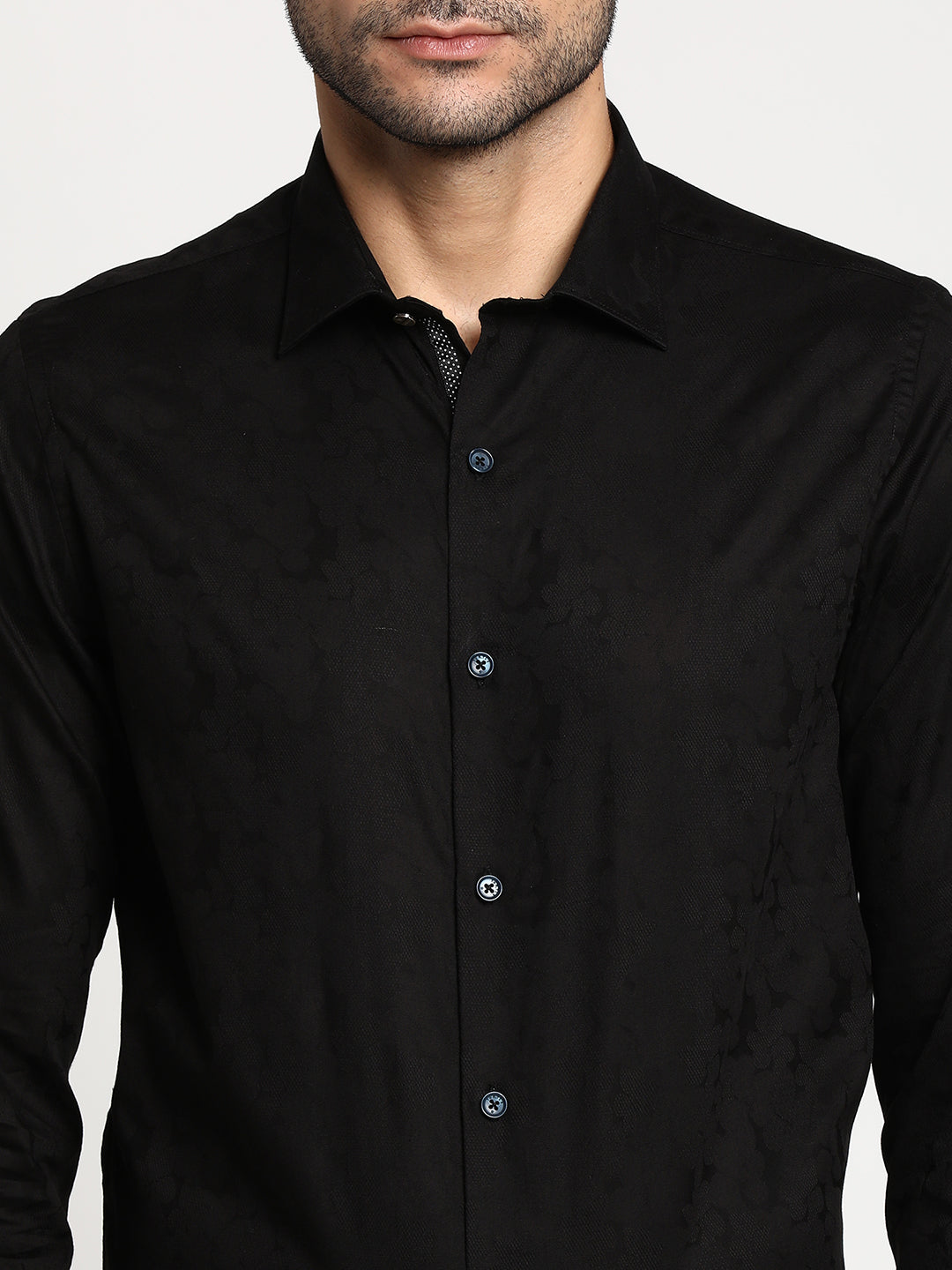 Cotton Black Slim Fit Self Design Formal Shirt