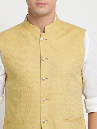 Turtle Men Gold Yellow Self Design Nehru Jacket
