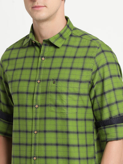 Turtle Men Green Cotton Checked Slim Fit Casual Shirts