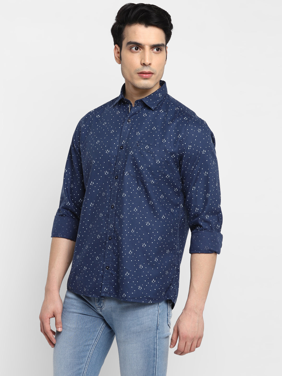 Printed Navy Blue Slim Fit Casual Shirt For Men