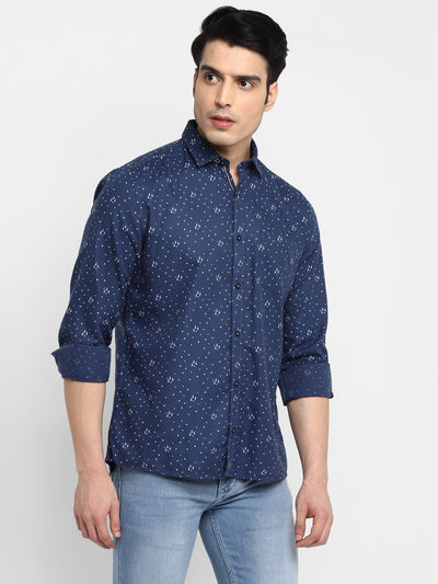 Printed Navy Blue Slim Fit Casual Shirt For Men