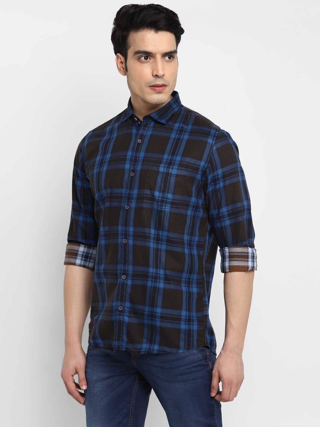 Checked Blue & Black Slim Fit Casual Shirt For Men