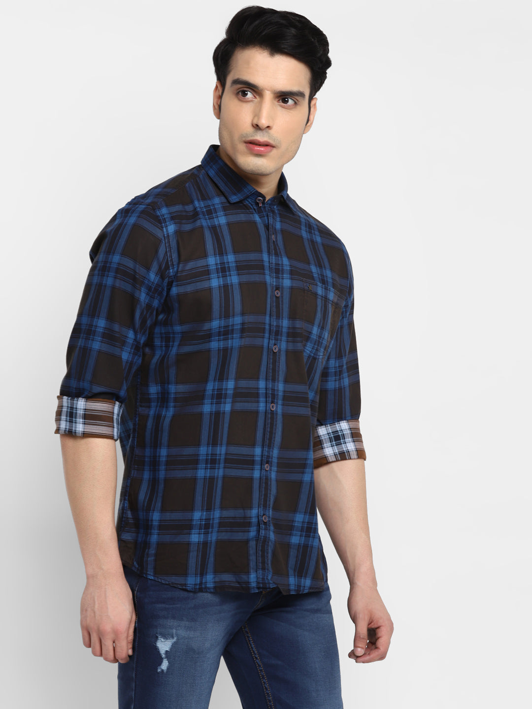 Checked Blue & Black Slim Fit Casual Shirt For Men
