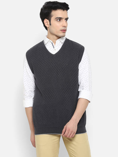 Solid Grey V Neck Sleeveless Sweater for Men