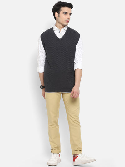 Solid Grey V Neck Sleeveless Sweater for Men