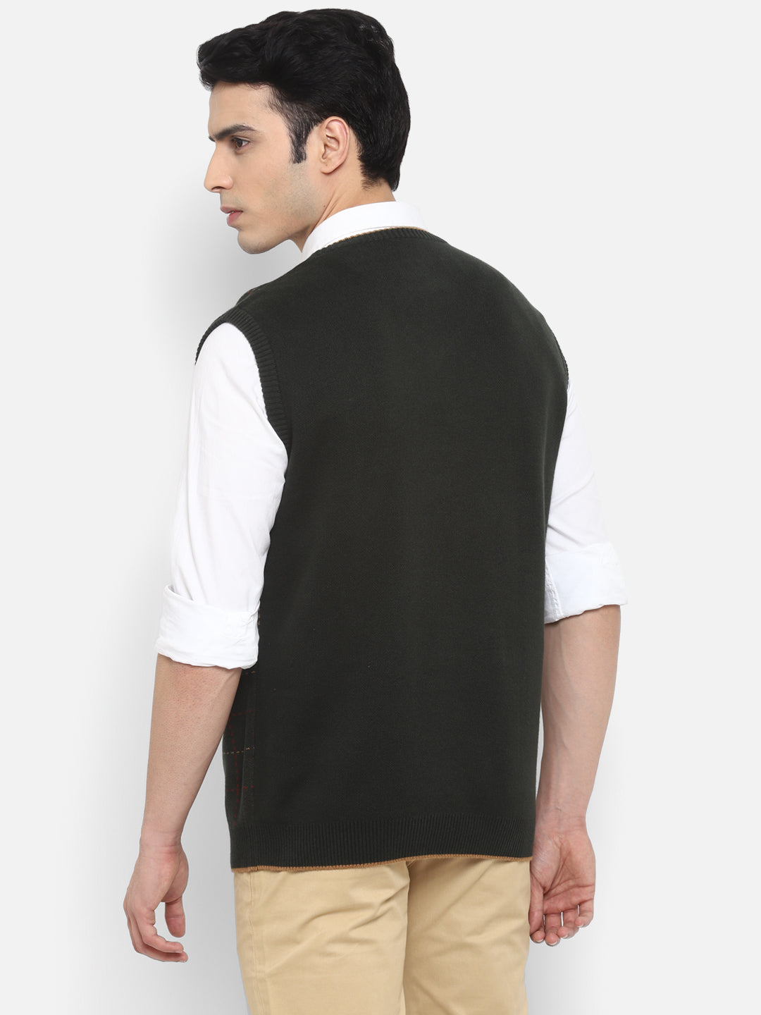 Self Design Green V Neck Sleeveless Sweater for Men