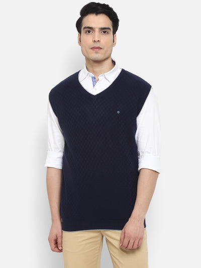 Solid Navy Blue V Neck Sleeveless Sweater for Men