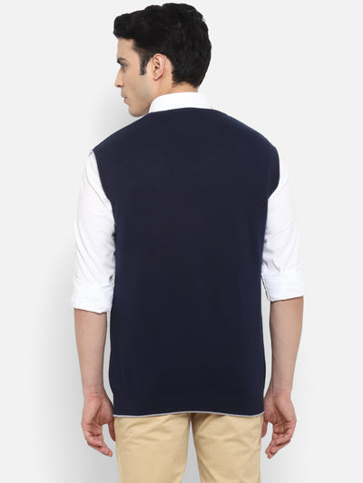 Solid Navy Blue V Neck Sleeveless Sweater for Men