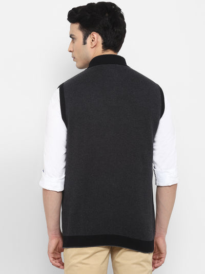 Solid Grey High Neck Sleeveless Sweater for Men