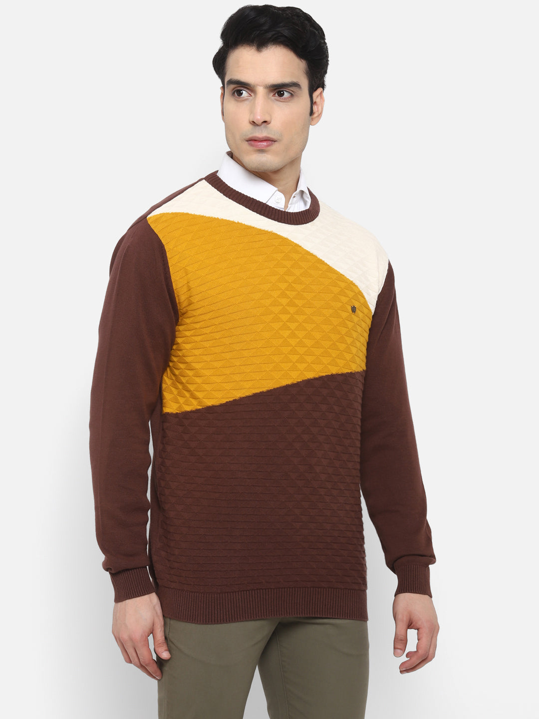Brown & Yellow Full Sleeve Sweater for Men