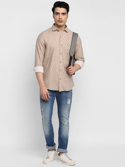 Printed Beige Slim Fit Casual Shirt For Men